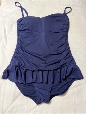 Tommy Bahama Stretch Navy Ruffle One-Piece Swim Suit Size 10 Adjustable Straps